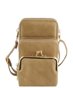 Fashion Kiss Lock Crossbody Bag Cell Phone Purse LMS207 MOCHA